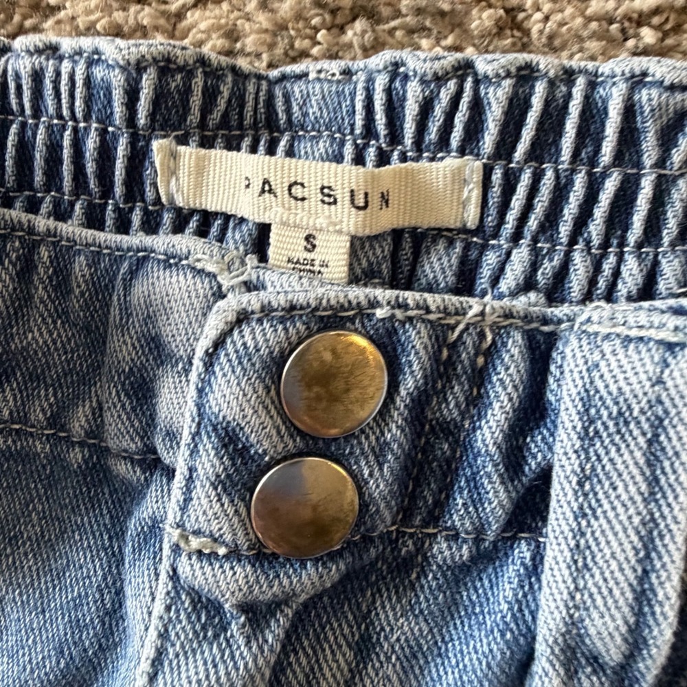 PacSun Women Small Blue Denim Cargo Pants High Rise Elastic Waist Utility Jeans - Picture 2 of 3